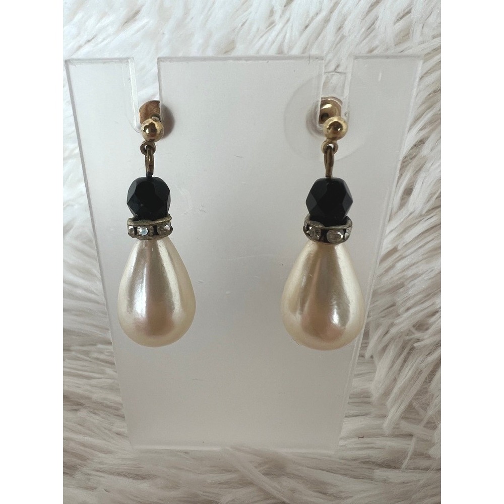 Faux Pearl Drop Earrings Black Gold Rhinestone Vintage Old Hollywood Art Deco